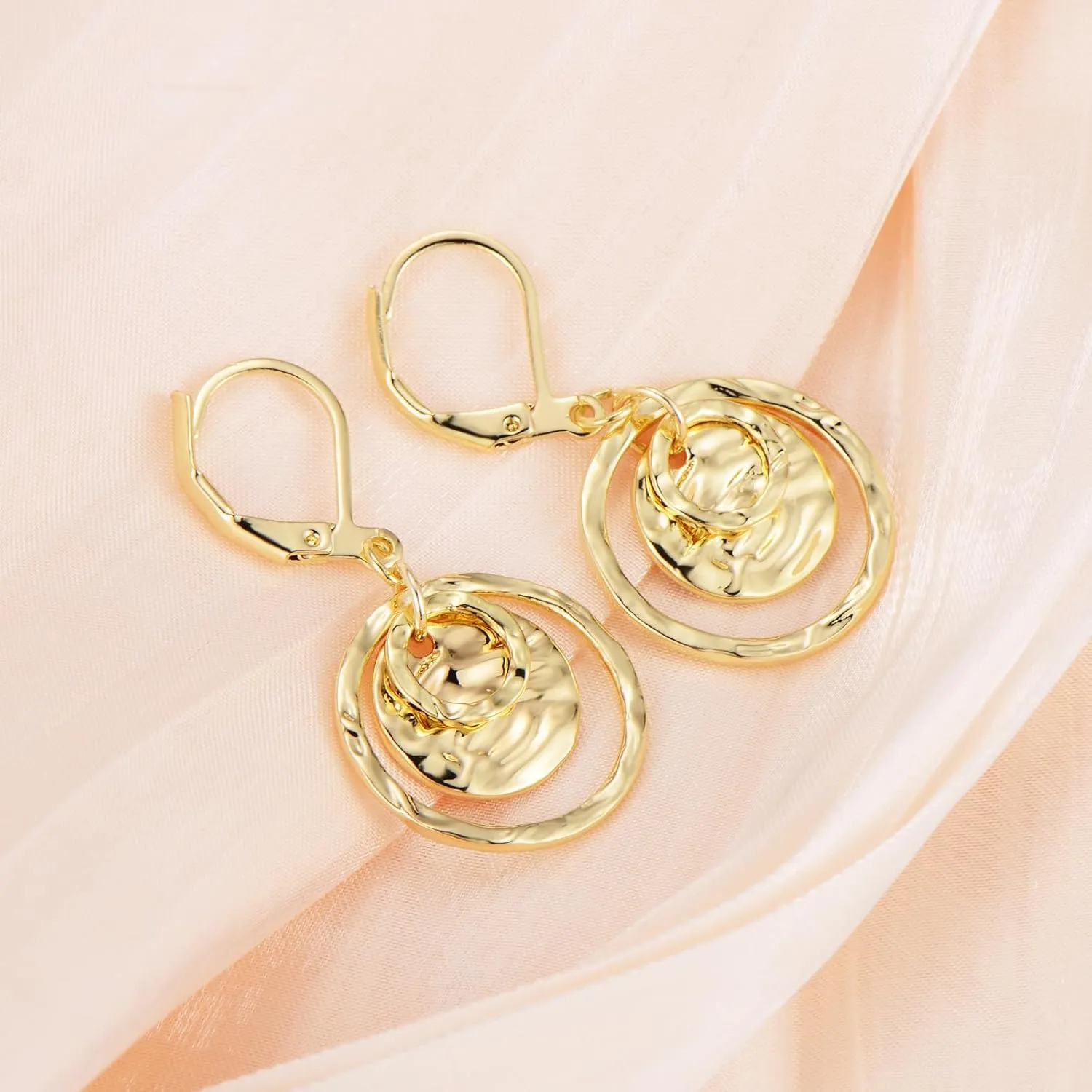14K Gold Disc Leverback Earrings for Women Gold and Silver Circle Drop Dangle Earrings Jewelry Hypoallergenic Hammered Leverback Dangle Earrings for Gifts