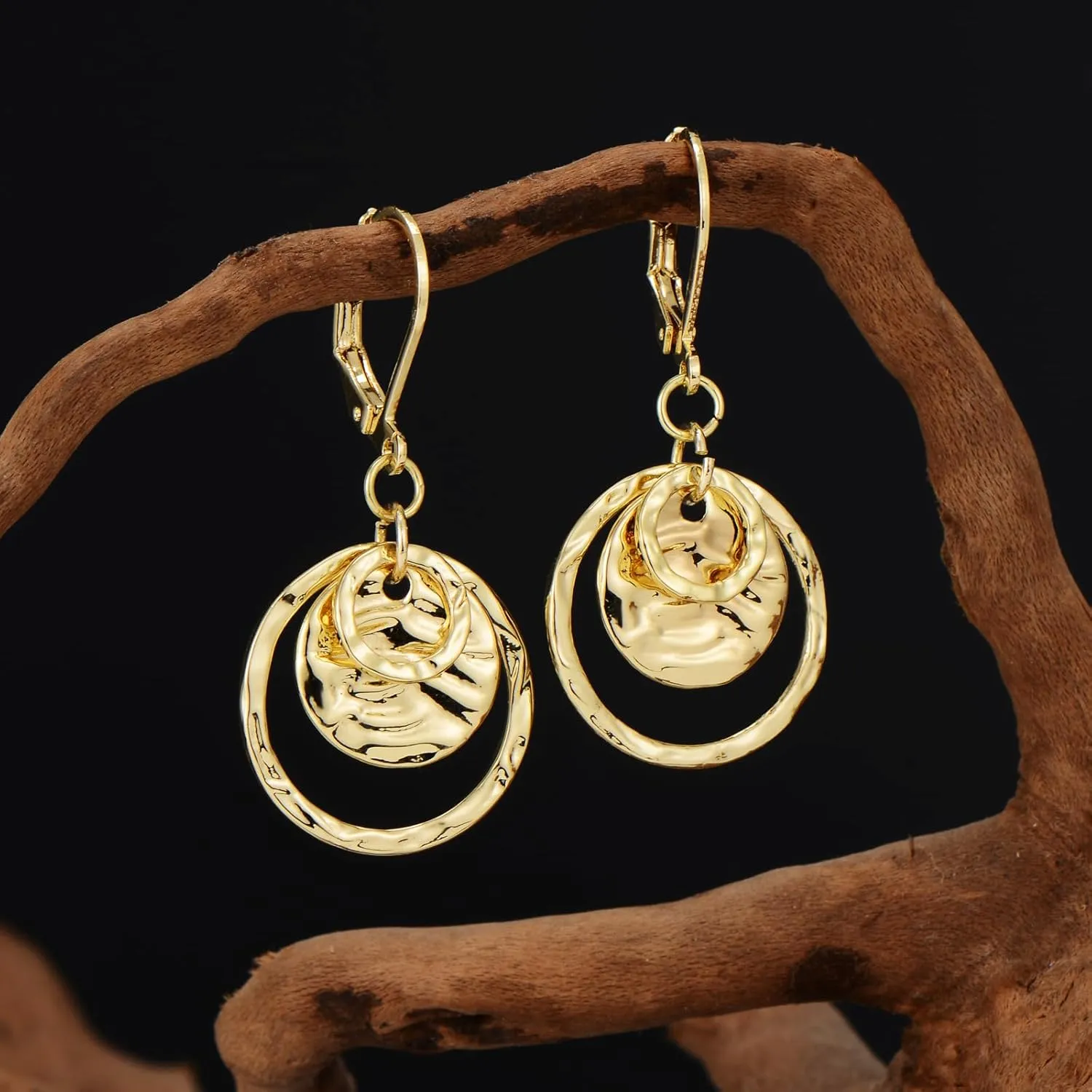 14K Gold Disc Leverback Earrings for Women Gold and Silver Circle Drop Dangle Earrings Jewelry Hypoallergenic Hammered Leverback Dangle Earrings for Gifts