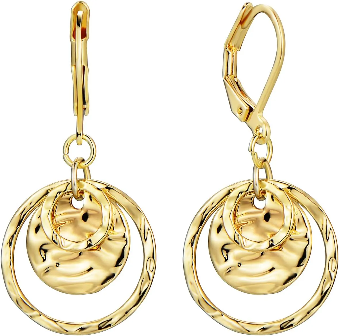 14K Gold Disc Leverback Earrings for Women Gold and Silver Circle Drop Dangle Earrings Jewelry Hypoallergenic Hammered Leverback Dangle Earrings for Gifts
