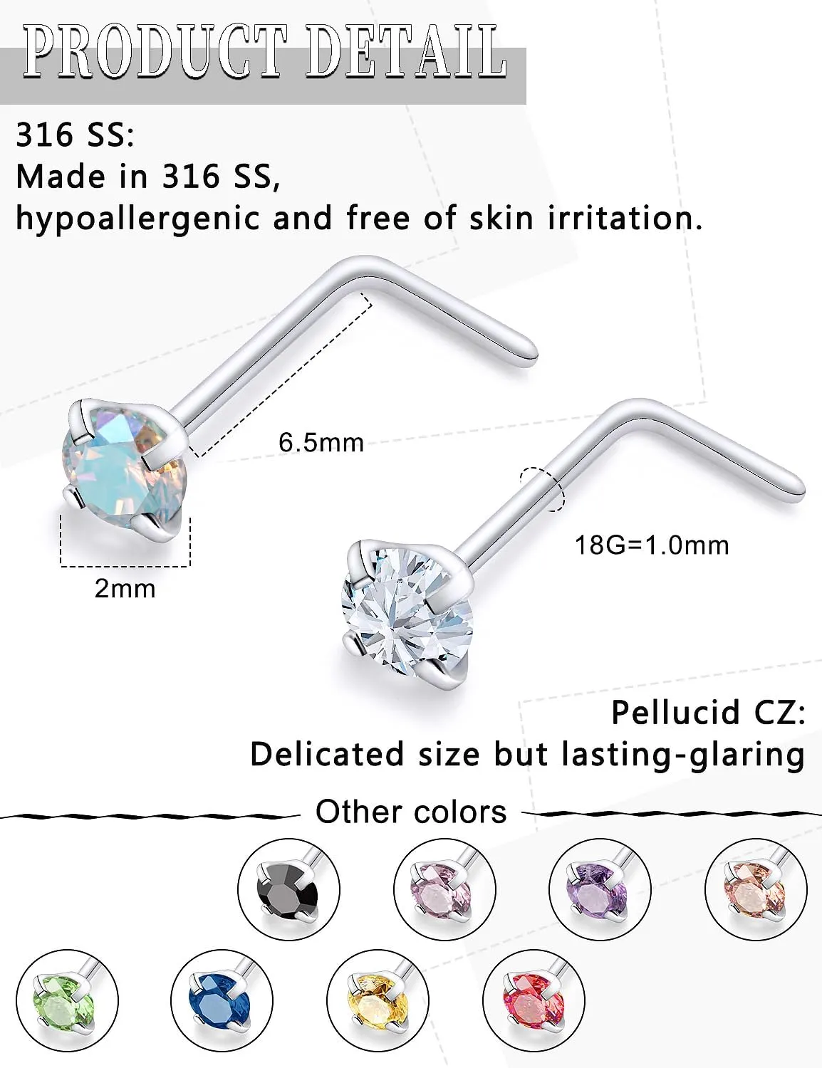 18G 20G 22G Round Cubic Zirconia Nose Rings Studs for Women Men 316L Stainless Surgical Steel Nose Ring Stud Piercing Jewelry Silver Clear CZ 1.5mm 2mm