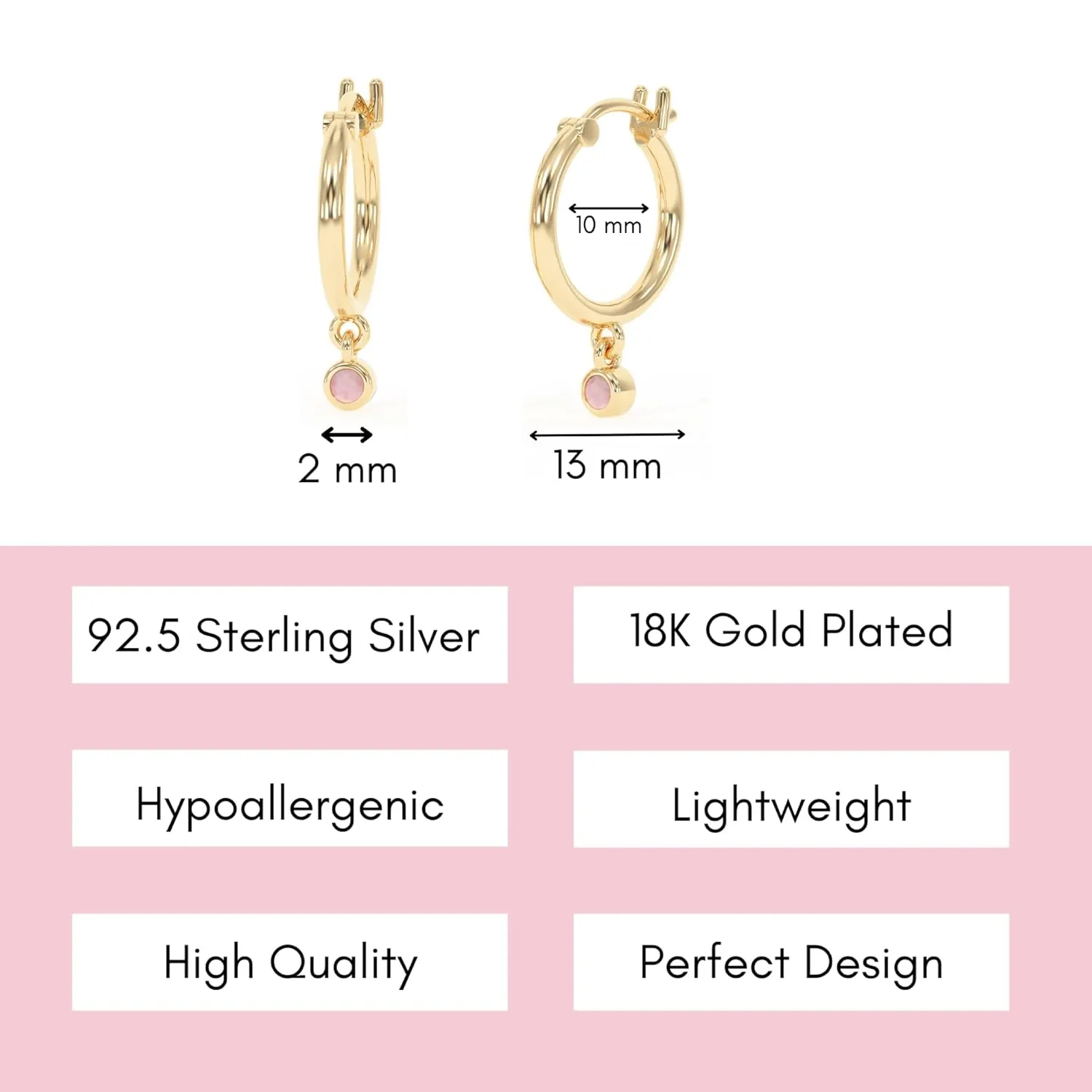 18K Gold Hoop Earrings for Women - Authentic 925 Sterling Silver Hoop Earrings with Pink Opal Crystal - Hypoallergenic October Birthstone Gift for Mothers Day