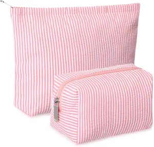 2 Pieces Makeup Bag Set Cute Cosmetic Pouch for Women Travel Toiletry Bag Preppy Small Makeup Purse Pouch Aesthetic Skincare Brushes Storage Organizer for Women(Rose Pink)