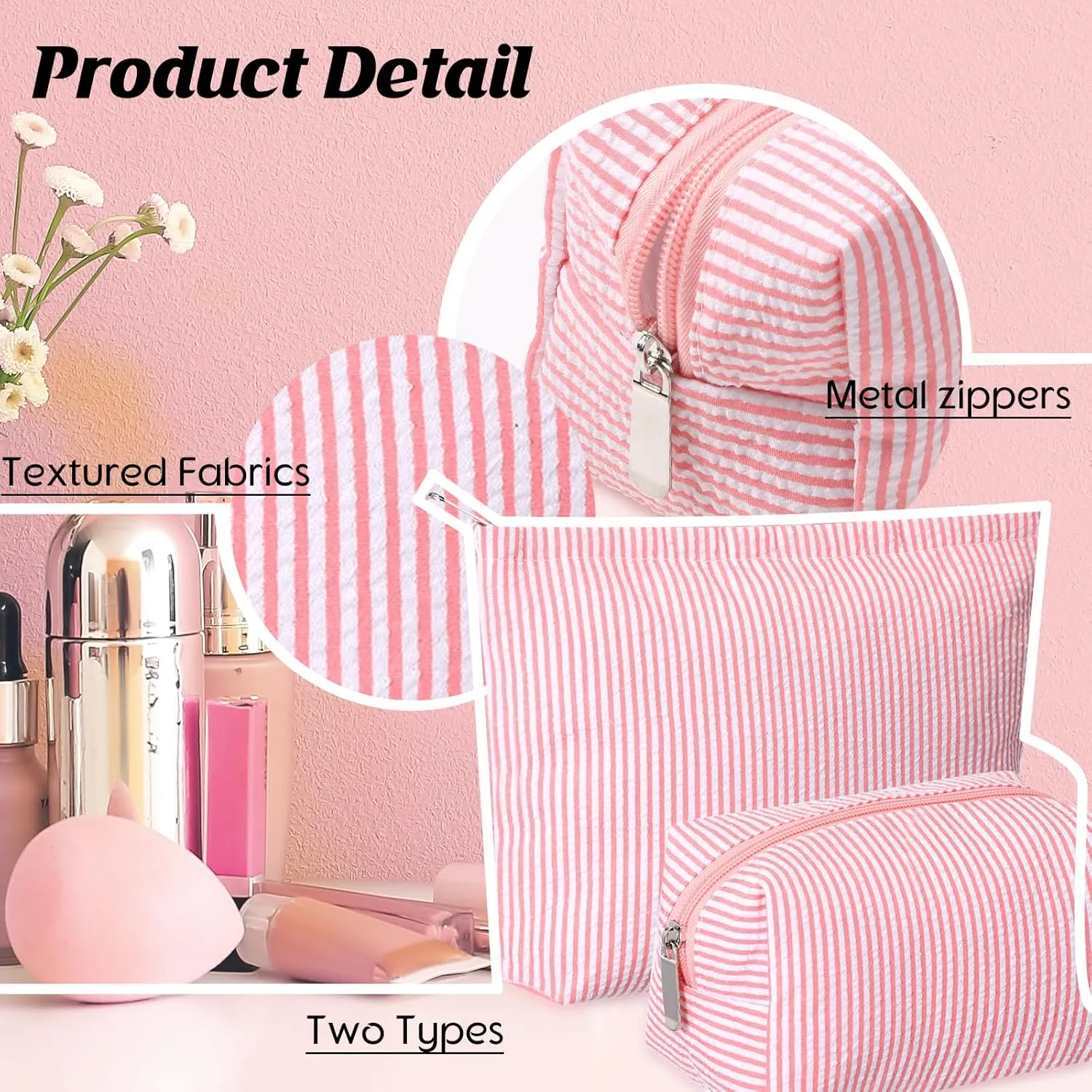 2 Pieces Makeup Bag Set Cute Cosmetic Pouch for Women Travel Toiletry Bag Preppy Small Makeup Purse Pouch Aesthetic Skincare Brushes Storage Organizer for Women(Rose Pink)