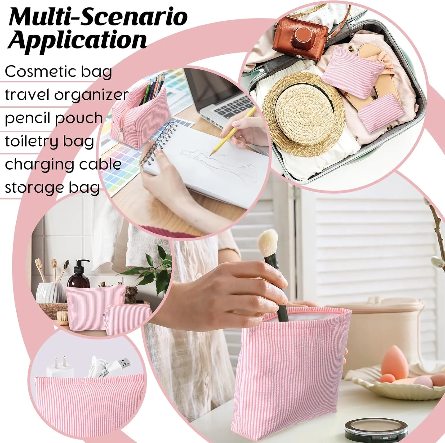 2 Pieces Makeup Bag Set Cute Cosmetic Pouch for Women Travel Toiletry Bag Preppy Small Makeup Purse Pouch Aesthetic Skincare Brushes Storage Organizer for Women(Rose Pink)