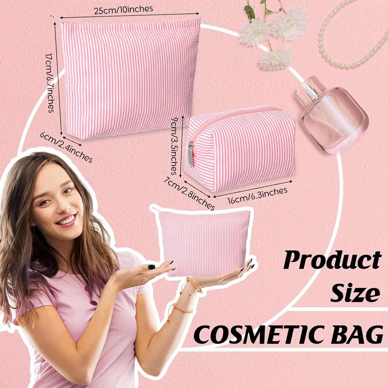 2 Pieces Makeup Bag Set Cute Cosmetic Pouch for Women Travel Toiletry Bag Preppy Small Makeup Purse Pouch Aesthetic Skincare Brushes Storage Organizer for Women(Rose Pink)