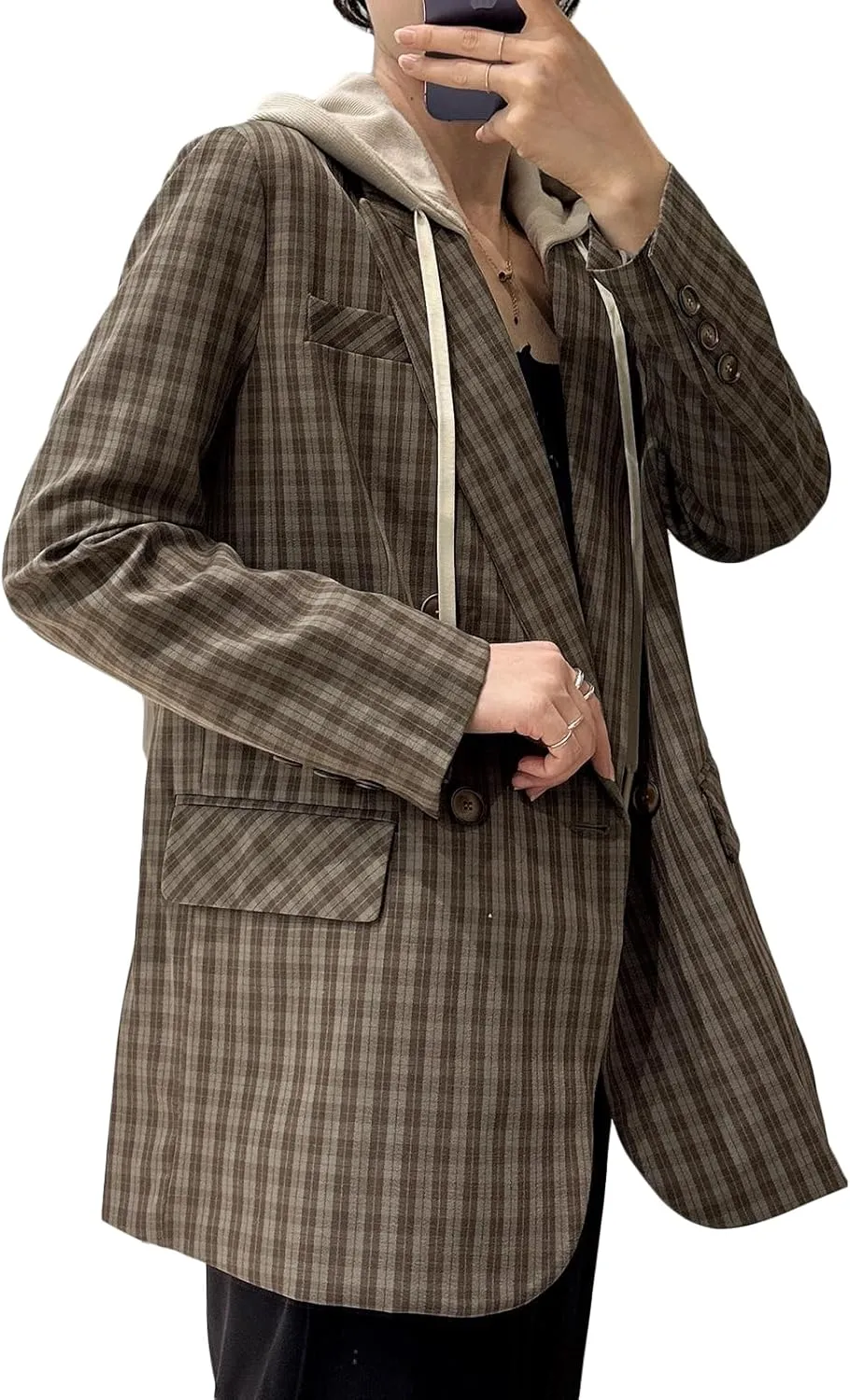 2025 Women's Spring Hooded Blazer Jacket Double-Breasted Oversize Loose Fully-Lined Work Office Suit with Pockets