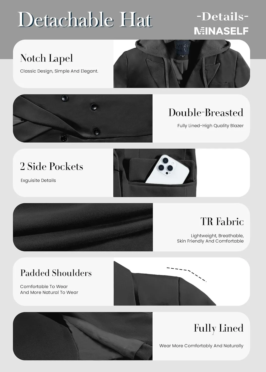 2025 Women's Spring Hooded Blazer Jacket Double-Breasted Oversize Loose Fully-Lined Work Office Suit with Pockets