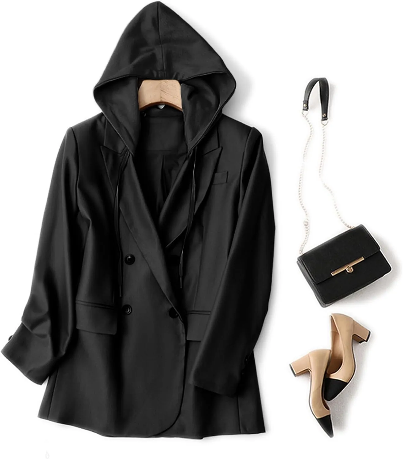 2025 Women's Spring Hooded Blazer Jacket Double-Breasted Oversize Loose Fully-Lined Work Office Suit with Pockets