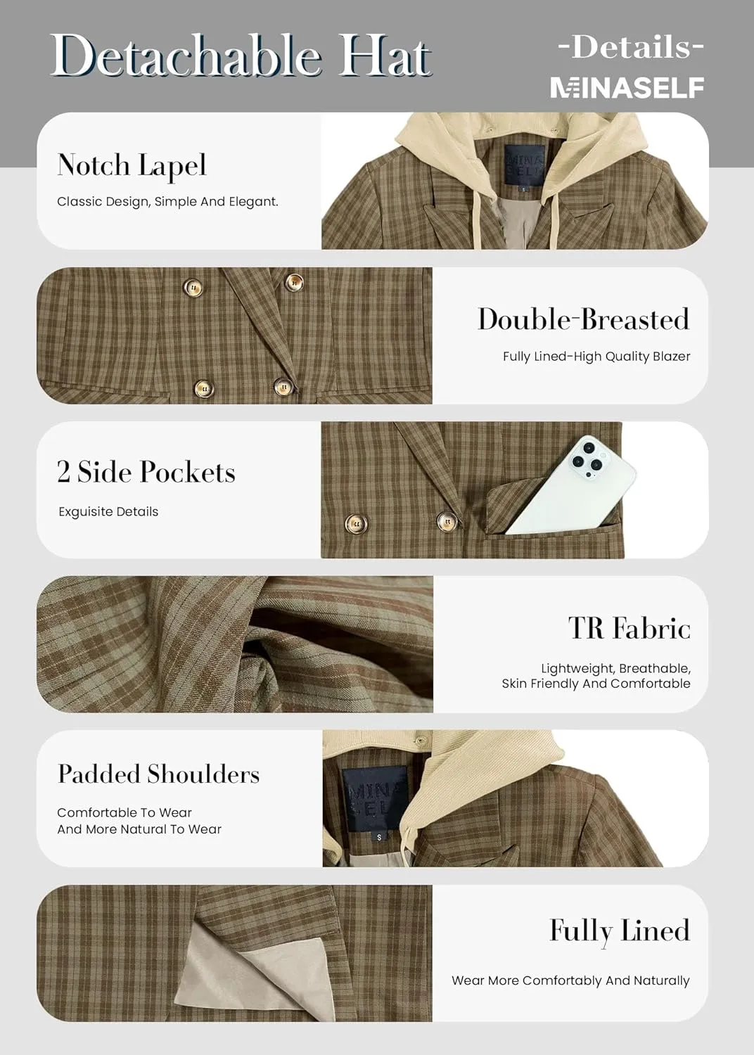 2025 Women's Spring Hooded Blazer Jacket Double-Breasted Oversize Loose Fully-Lined Work Office Suit with Pockets