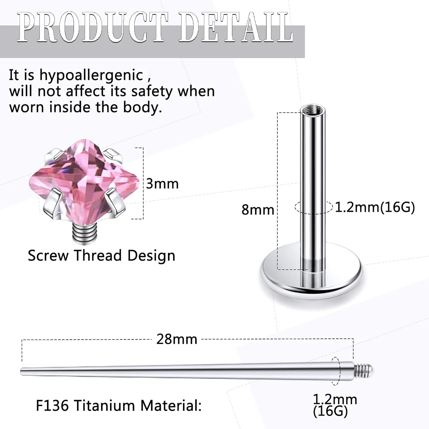 20G 18G 16G Internally Threaded Astm F136 Titanium Nose Ring Studs Flat Back Studs Earrings G23 Titanium Tragus Helix Conch Cartilage Earrings Piercing Jewelry For Women Men Clear Pink CZ