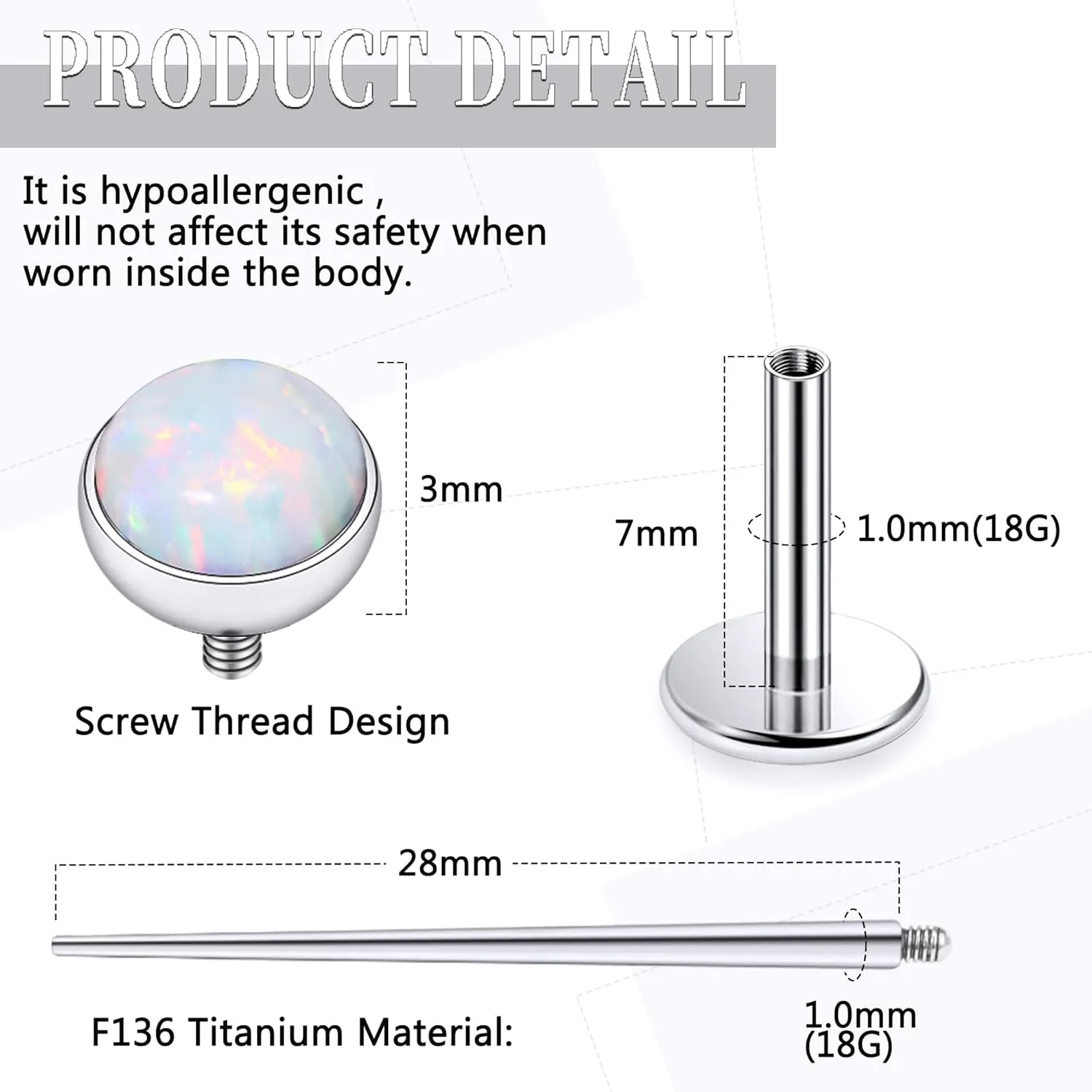 20G 18G 16G Internally Threaded Astm F136 Titanium Nose Ring Studs Flat Back Studs Earrings G23 Titanium Tragus Helix Conch Cartilage Earrings Piercing Jewelry For Women Men Opal 2-3mm