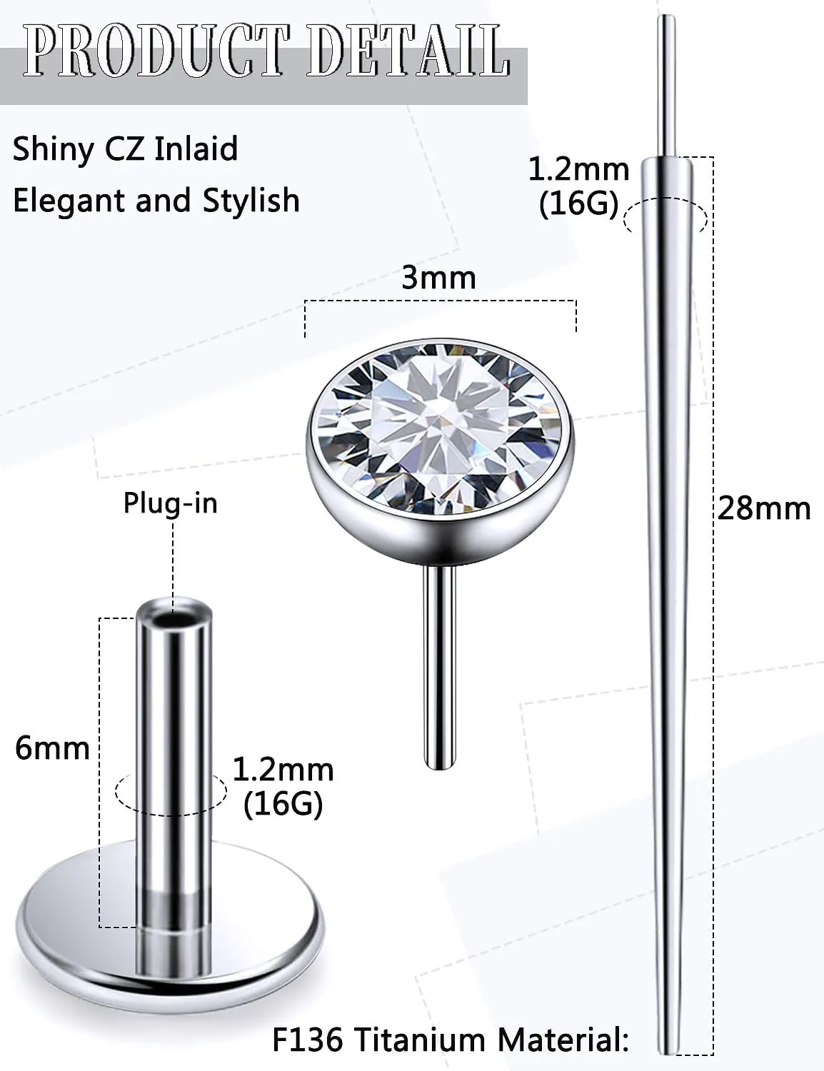 20G 18G 16G Threadless Push In Astm F136 Titanium Nose Ring Studs Flat Back Studs Earrings G23 Titanium Tragus Helix Conch Cartilage Earrings Piercing Jewelry For Women Men CZ 2mm 3mm 4mm