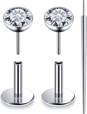 20G 18G 16G Threadless Push In Astm F136 Titanium Nose Ring Studs Flat Back Studs Earrings G23 Titanium Tragus Helix Conch Cartilage Earrings Piercing Jewelry For Women Men CZ 2mm 3mm 4mm