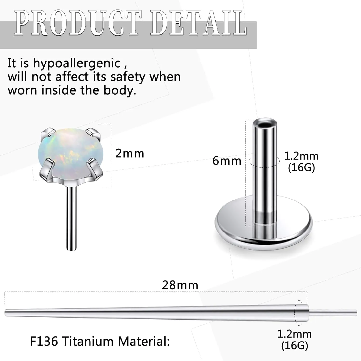 20G 18G 16G Threadless Push In Astm F136 Titanium Nose Ring Studs Flat Back Studs Earrings G23 Titanium Tragus Helix Conch Cartilage Earrings Piercing Jewelry For Women Men Opal 2-3mm