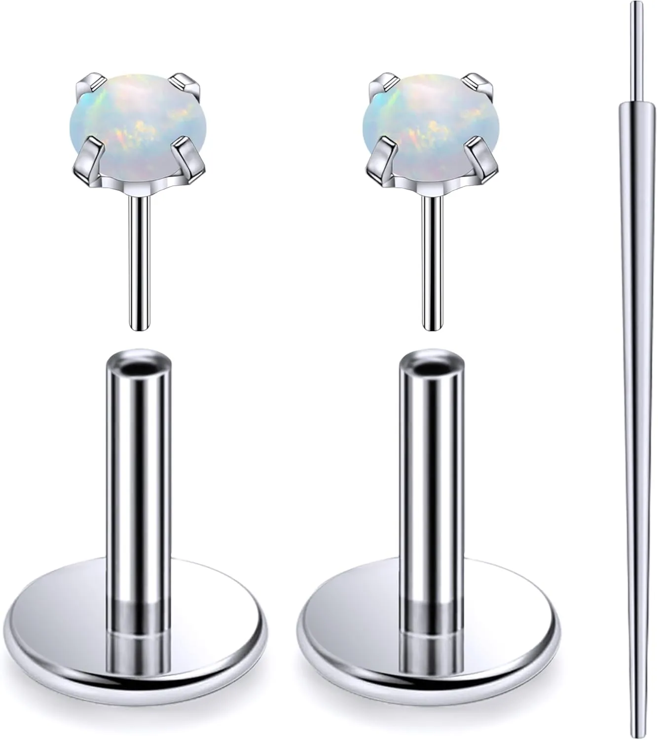 20G 18G 16G Threadless Push In Astm F136 Titanium Nose Ring Studs Flat Back Studs Earrings G23 Titanium Tragus Helix Conch Cartilage Earrings Piercing Jewelry For Women Men Opal 2-3mm