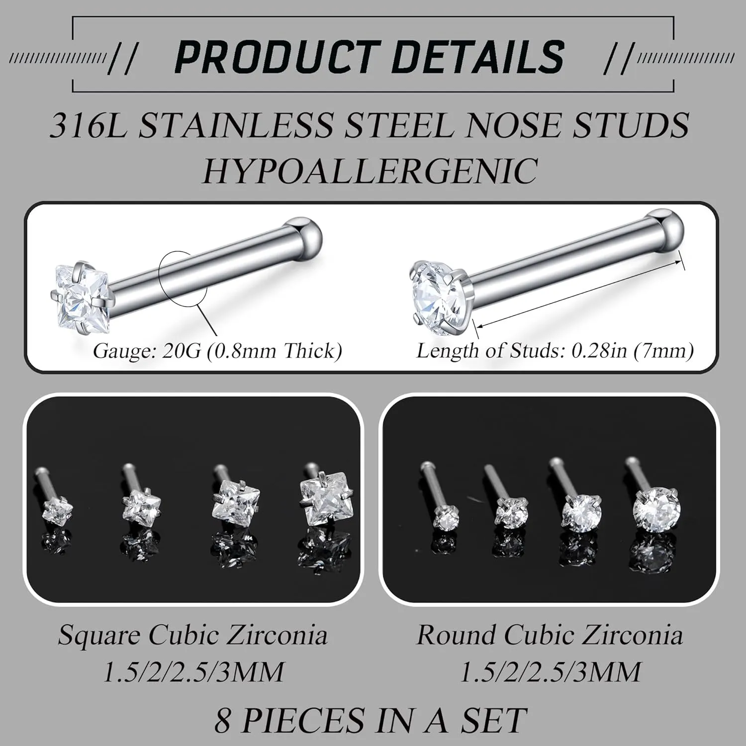 20G Nose Rings Studs Stainless Steel Nose Studs for Women Nose Piercing Jewelry