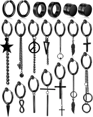 20PCS Black Magnetic Clip On Hoop Dangle Earrings for Men and Women