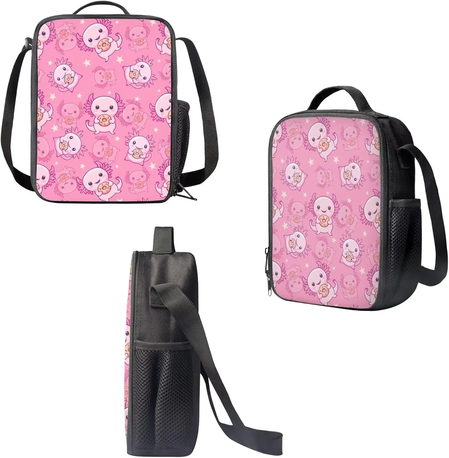 3 in 1 Axolotl Backpack with Lunchbox Pink Bookbag for Girls Cute Pencil Cases Backpack for Kids 8-12 Large Bookbag Pencil Holder Pouch and Lunch Box with Zipper Pockets