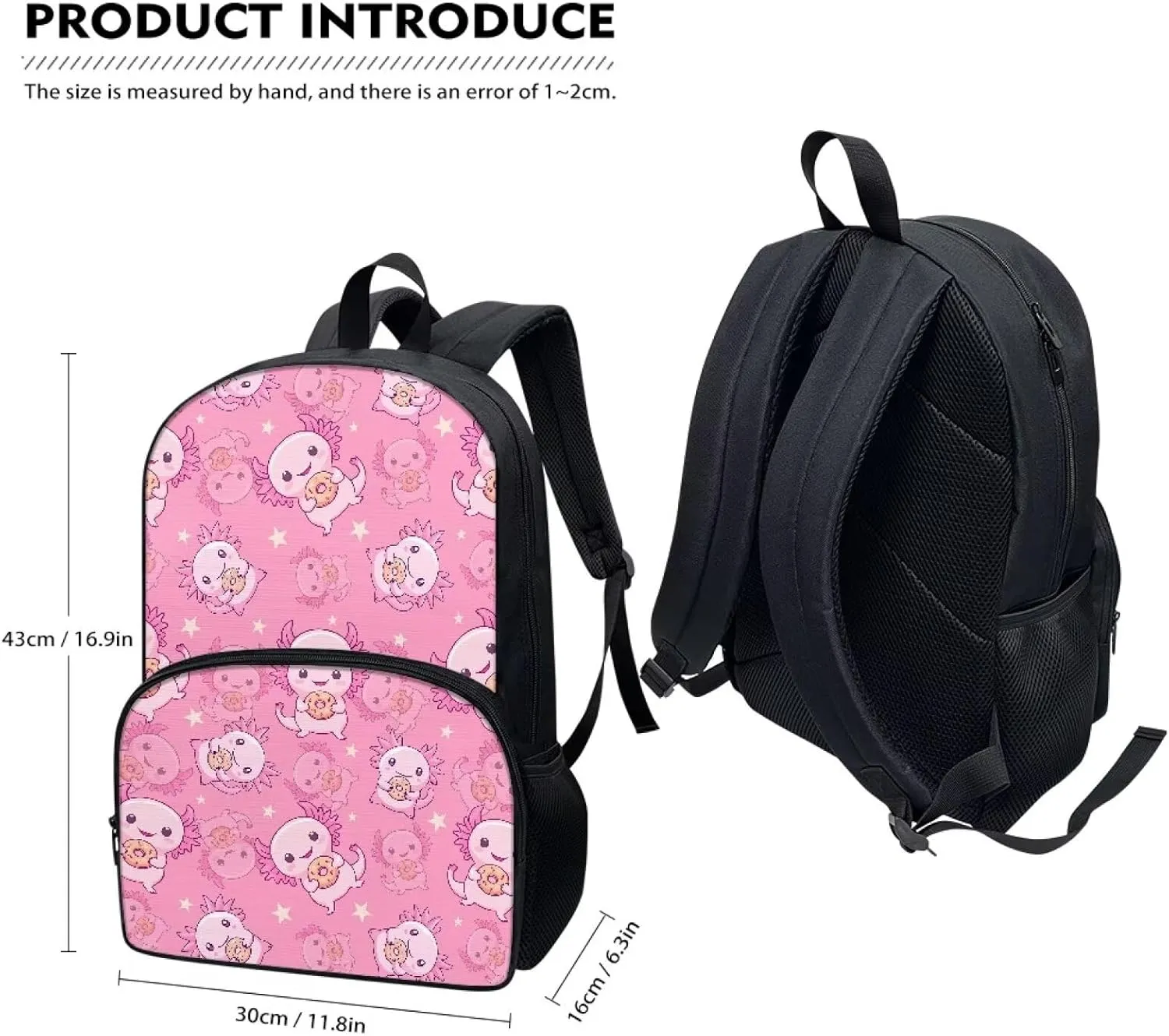 3 in 1 Axolotl Backpack with Lunchbox Pink Bookbag for Girls Cute Pencil Cases Backpack for Kids 8-12 Large Bookbag Pencil Holder Pouch and Lunch Box with Zipper Pockets