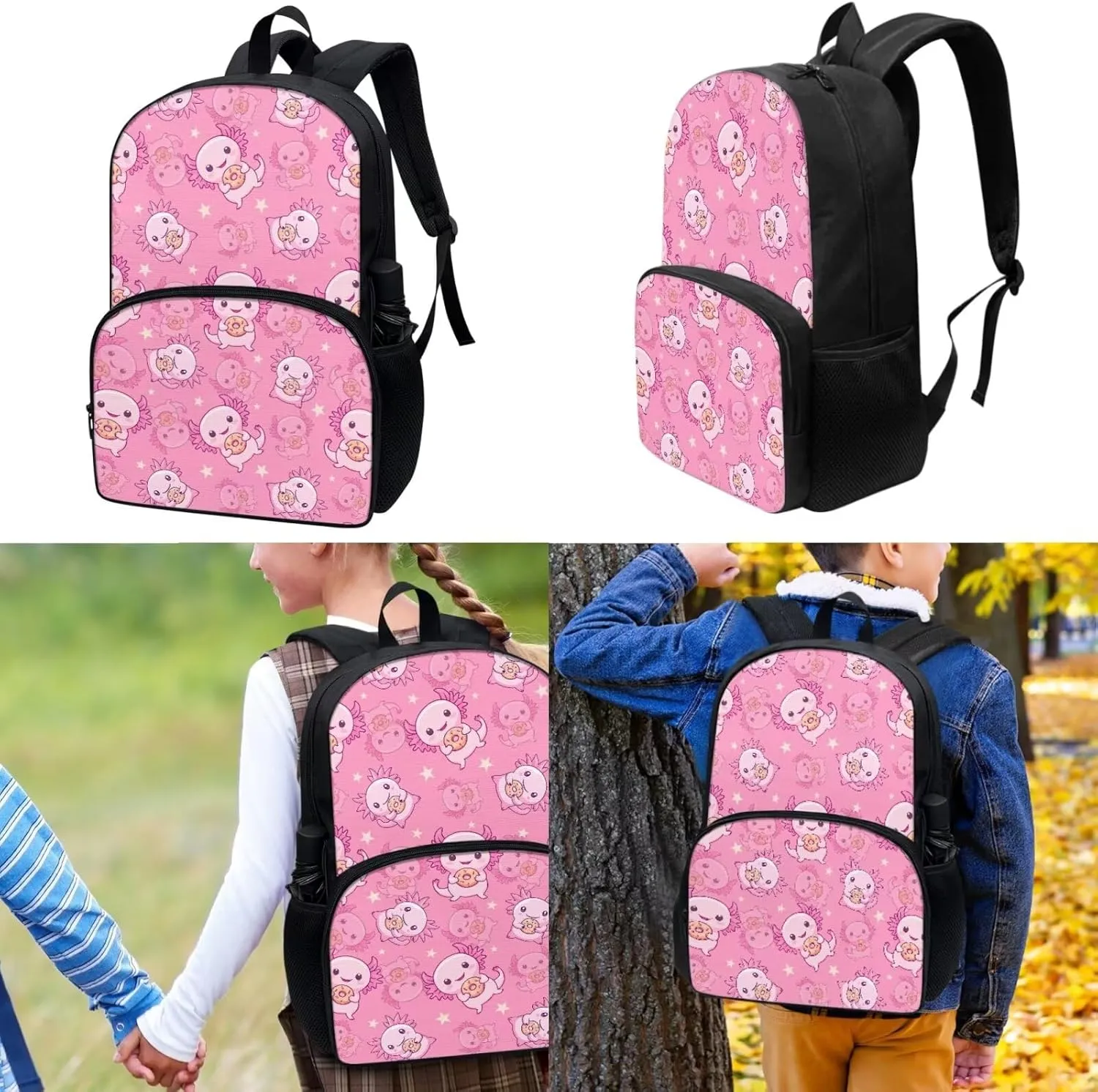 3 in 1 Axolotl Backpack with Lunchbox Pink Bookbag for Girls Cute Pencil Cases Backpack for Kids 8-12 Large Bookbag Pencil Holder Pouch and Lunch Box with Zipper Pockets