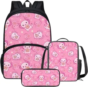 3 in 1 Axolotl Backpack with Lunchbox Pink Bookbag for Girls Cute Pencil Cases Backpack for Kids 8-12 Large Bookbag Pencil Holder Pouch and Lunch Box with Zipper Pockets