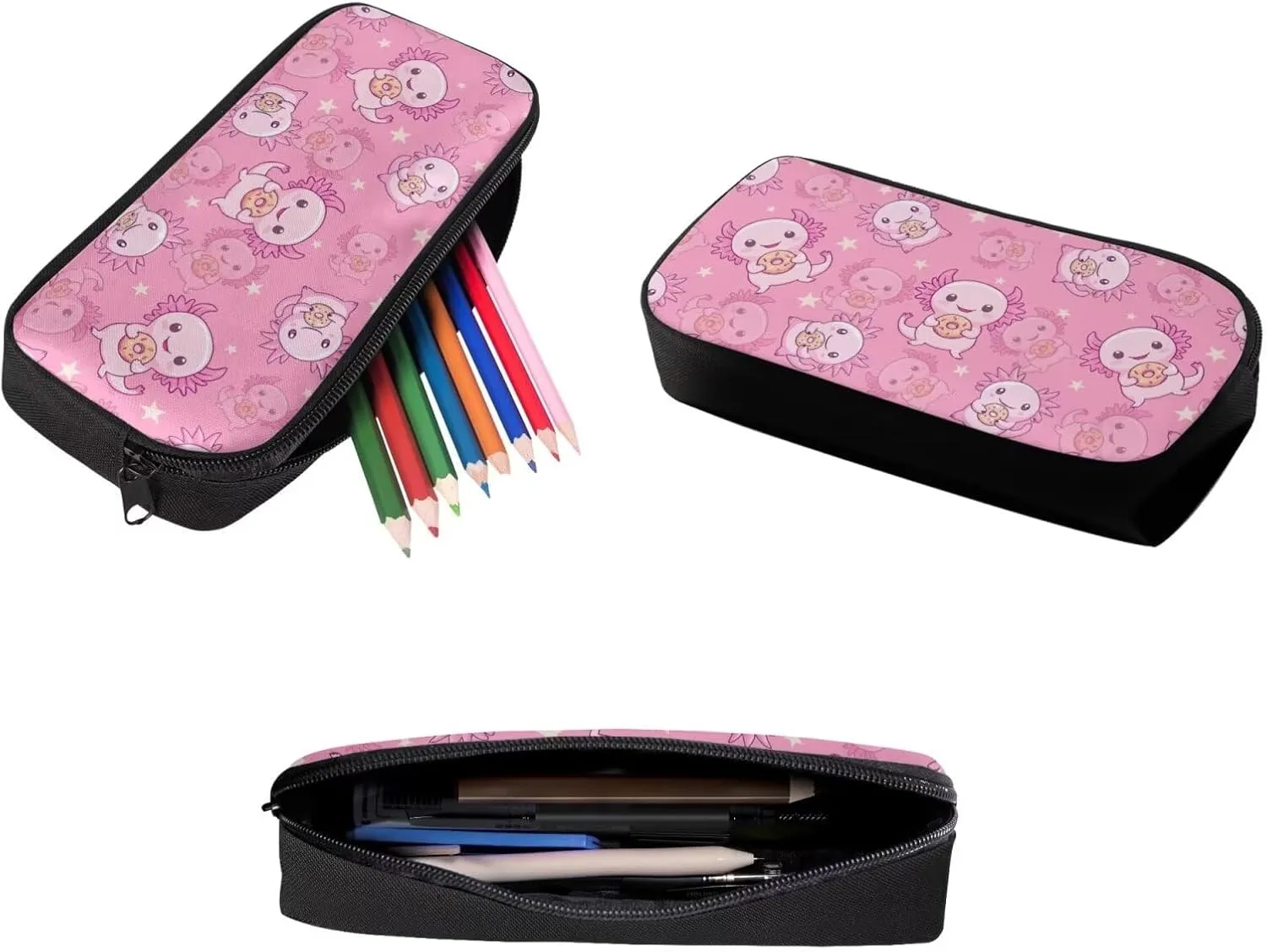 3 in 1 Axolotl Backpack with Lunchbox Pink Bookbag for Girls Cute Pencil Cases Backpack for Kids 8-12 Large Bookbag Pencil Holder Pouch and Lunch Box with Zipper Pockets