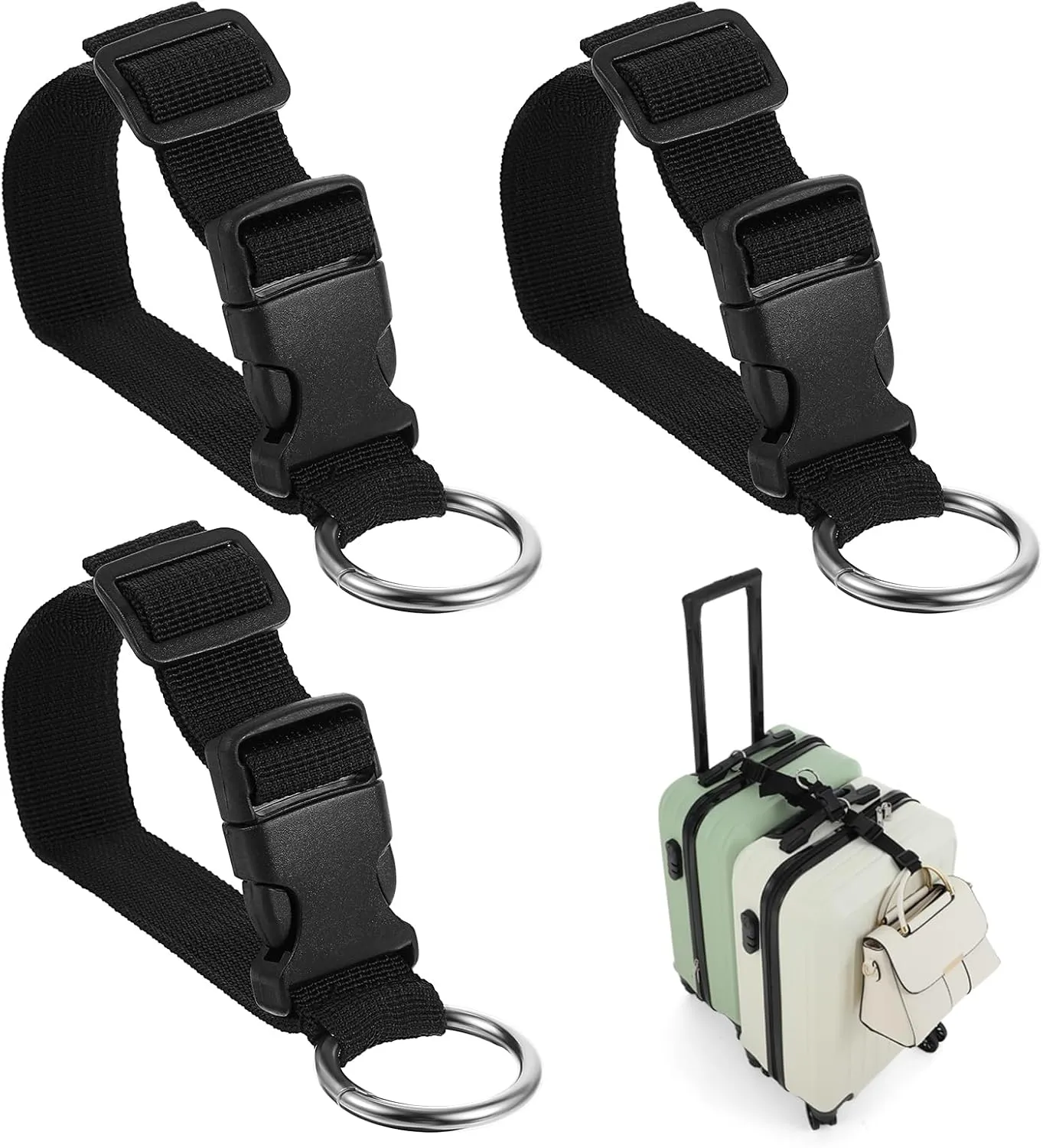 3 Pack Add a Bag Luggage Straps, Adjustable Suitcase Strap Luggage Connector Belt J Hook Carry Your Extra Backpack, Travel Attachment Travel Accessories for Connecting Your Luggage Jacket(Black)