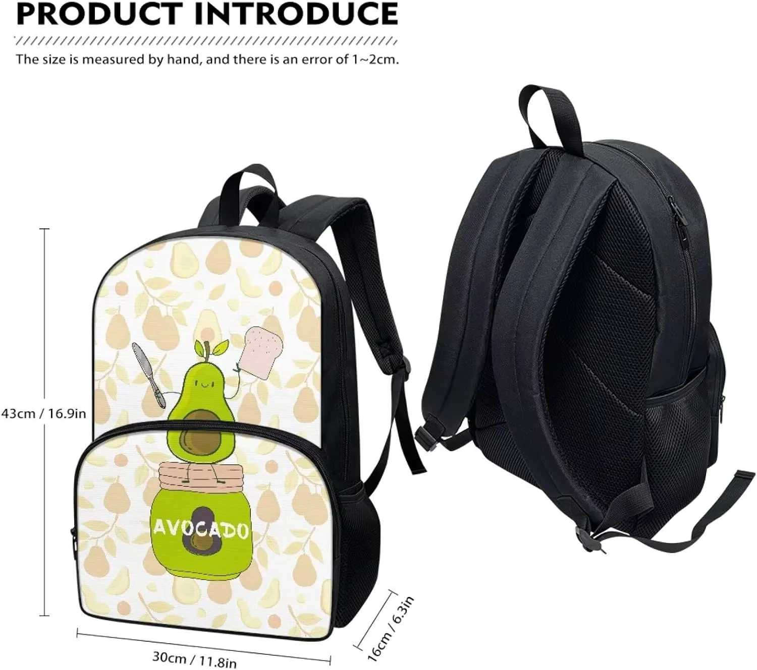 3 Piece Backpack Set Avocado Toast Print Bookbag and Lunch Box Set for Girls Boys Pencil Case Boys Elementary Large Capacity Lunchbox 17 inch Backpack for School