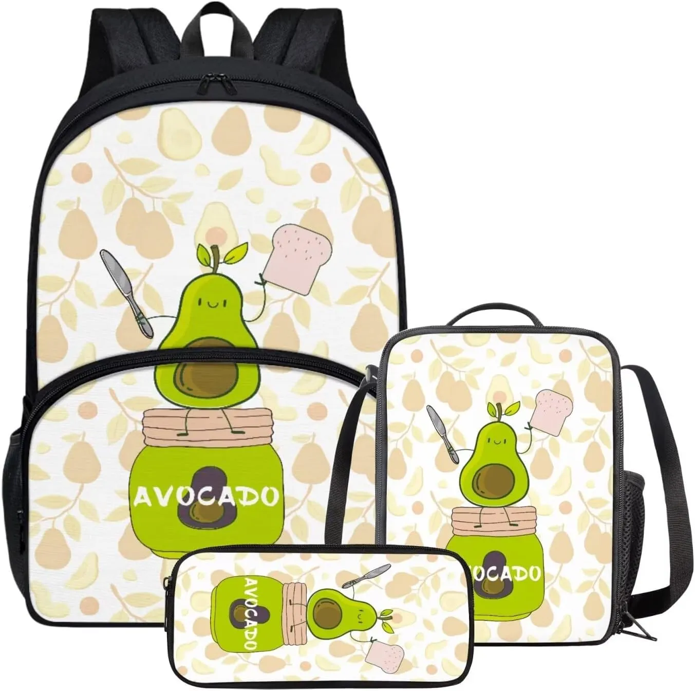 3 Piece Backpack Set Avocado Toast Print Bookbag and Lunch Box Set for Girls Boys Pencil Case Boys Elementary Large Capacity Lunchbox 17 inch Backpack for School