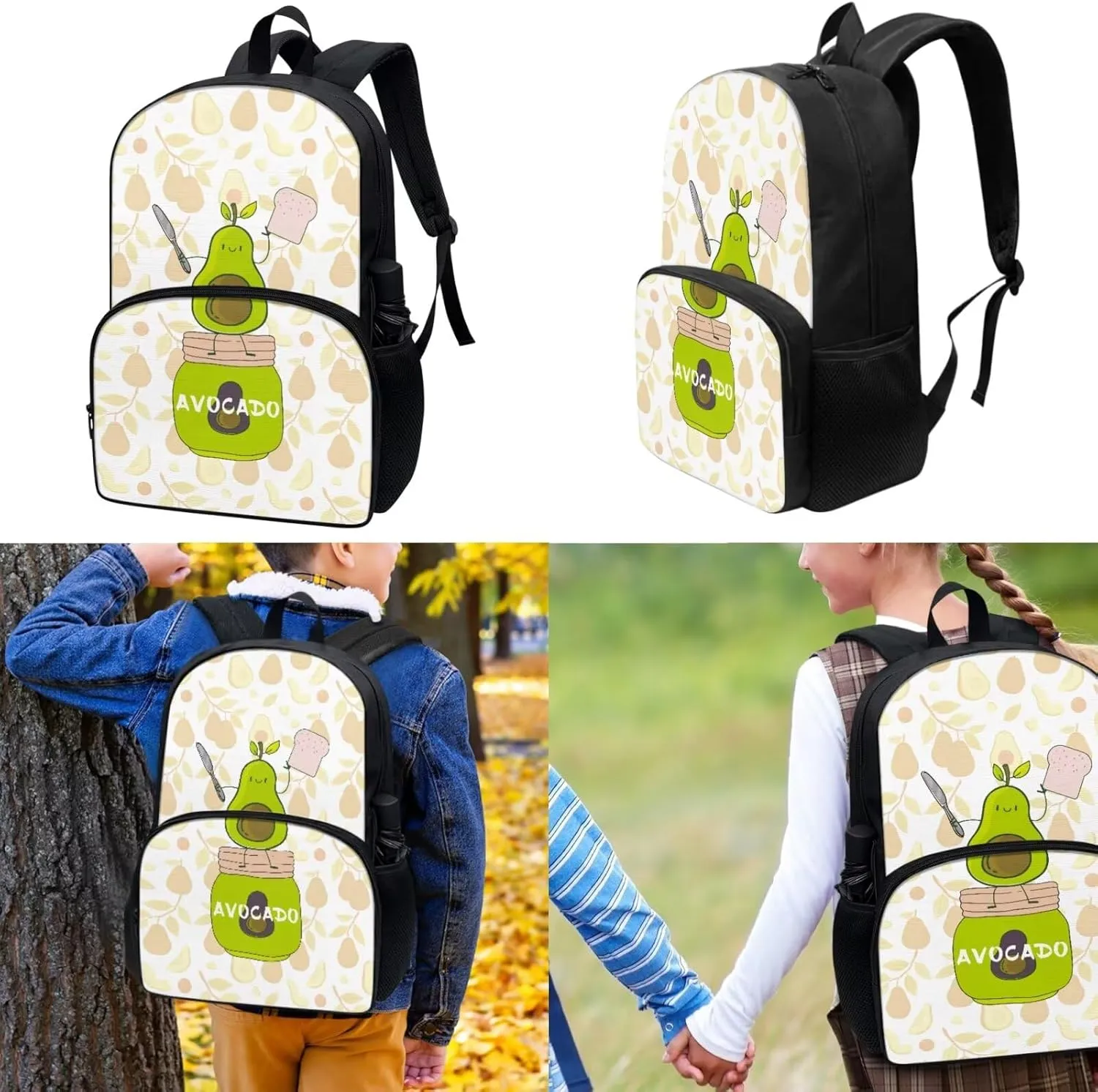 3 Piece Backpack Set Avocado Toast Print Bookbag and Lunch Box Set for Girls Boys Pencil Case Boys Elementary Large Capacity Lunchbox 17 inch Backpack for School