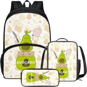 3 Piece Backpack Set Avocado Toast Print Bookbag and Lunch Box Set for Girls Boys Pencil Case Boys Elementary Large Capacity Lunchbox 17 inch Backpack for School