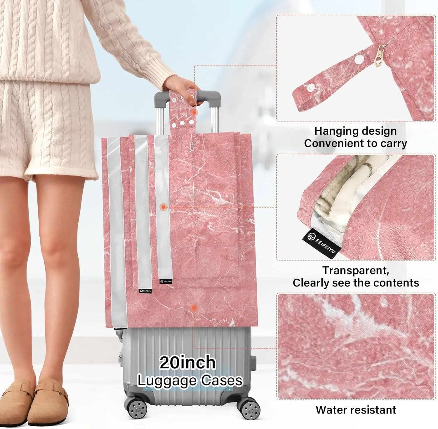 3 Set Travel Packing Cubes For Suitcases, Pink Marble Vintage Stone, Stackable, Garment Bag Closet Storage, Luggage Space Saver, Luggages Management Personnel