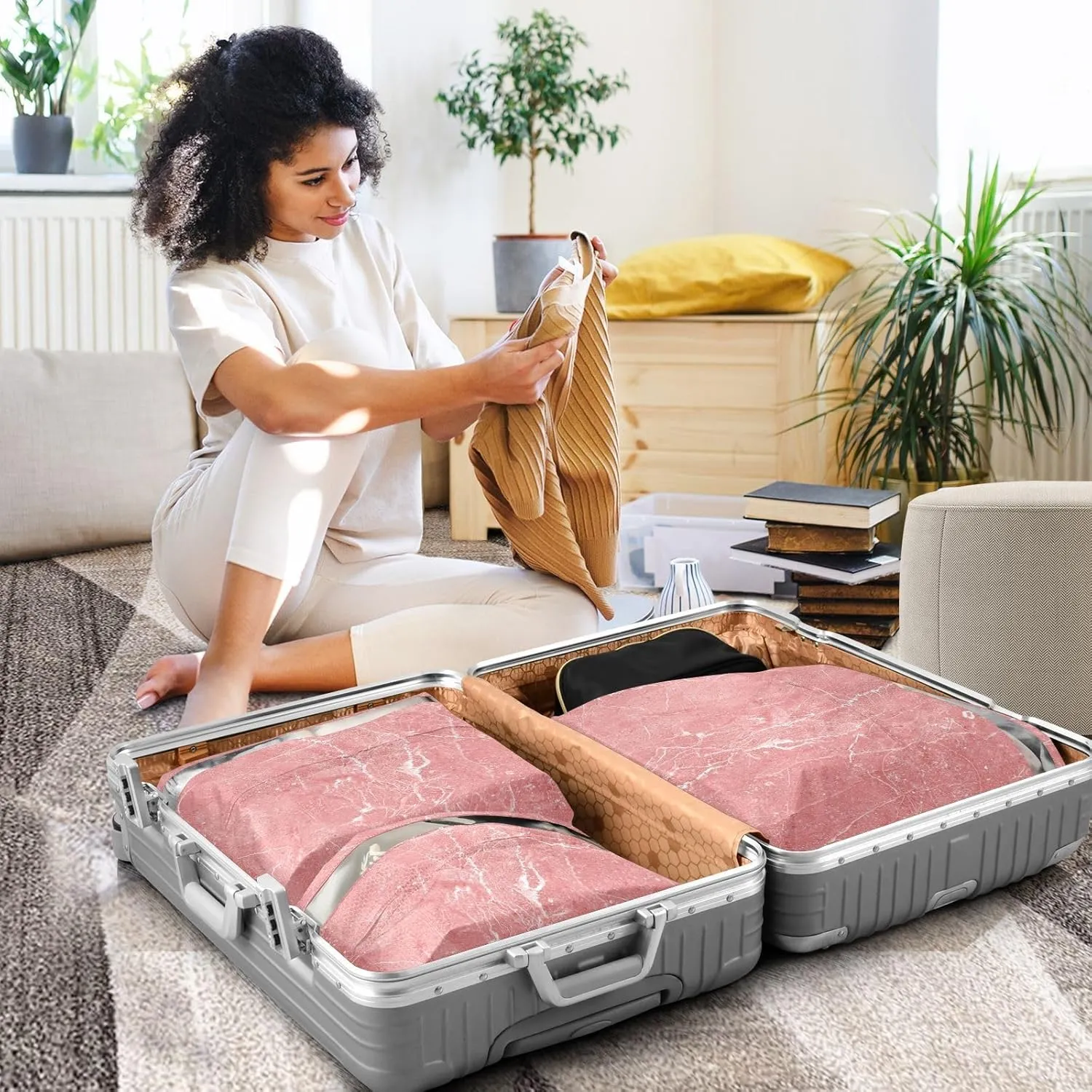 3 Set Travel Packing Cubes For Suitcases, Pink Marble Vintage Stone, Stackable, Garment Bag Closet Storage, Luggage Space Saver, Luggages Management Personnel