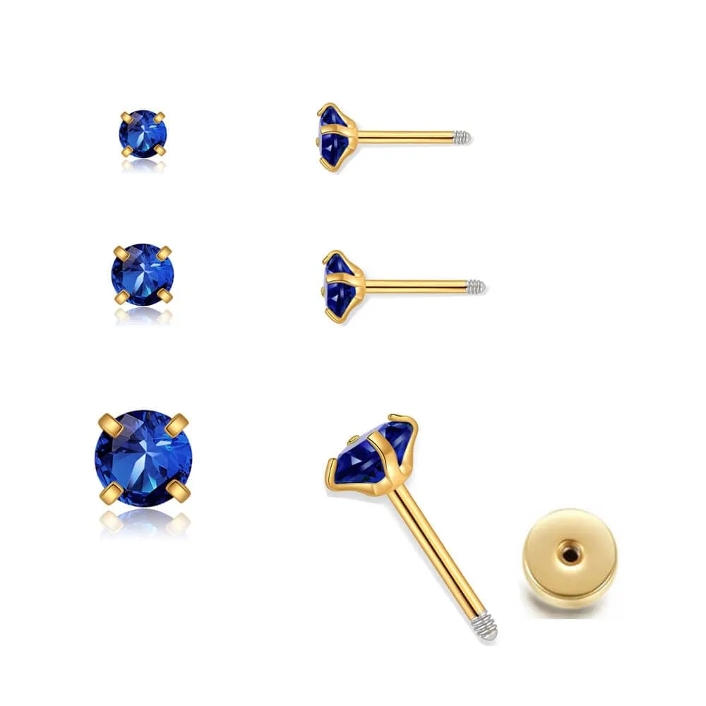 3Pairs CZ Stud Flat Screw Back Earrings for Women Multiple Piercing,Dainty Flatback Cubic Zirconia Cartilage Earring Stud,Helix Tragus Conch Piercing Jewelry (2mm/3mm/4mm Gold, Blue Sapphire CZ)