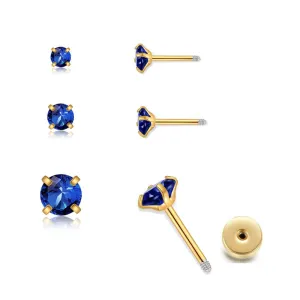 3Pairs CZ Stud Flat Screw Back Earrings for Women Multiple Piercing,Dainty Flatback Cubic Zirconia Cartilage Earring Stud,Helix Tragus Conch Piercing Jewelry (2mm/3mm/4mm Gold, Blue Sapphire CZ)
