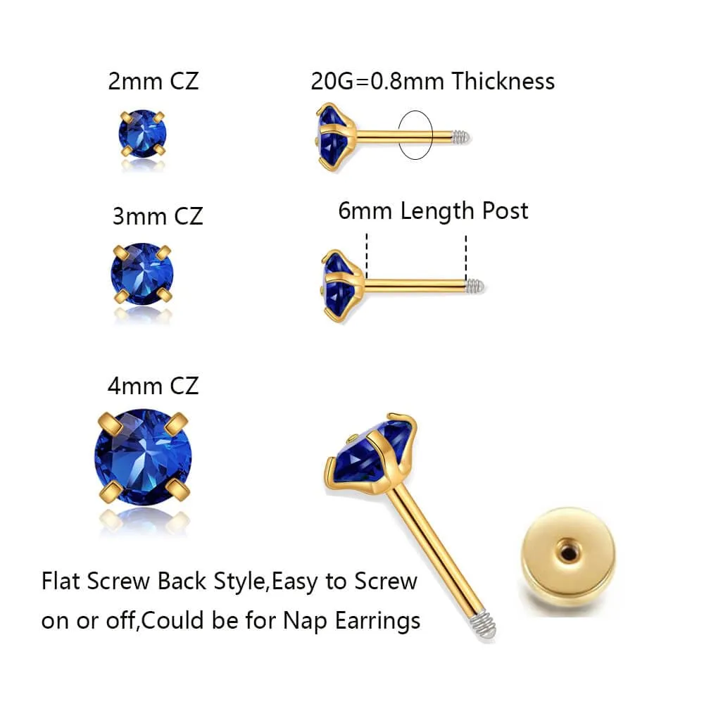 3Pairs CZ Stud Flat Screw Back Earrings for Women Multiple Piercing,Dainty Flatback Cubic Zirconia Cartilage Earring Stud,Helix Tragus Conch Piercing Jewelry (2mm/3mm/4mm Gold, Blue Sapphire CZ)