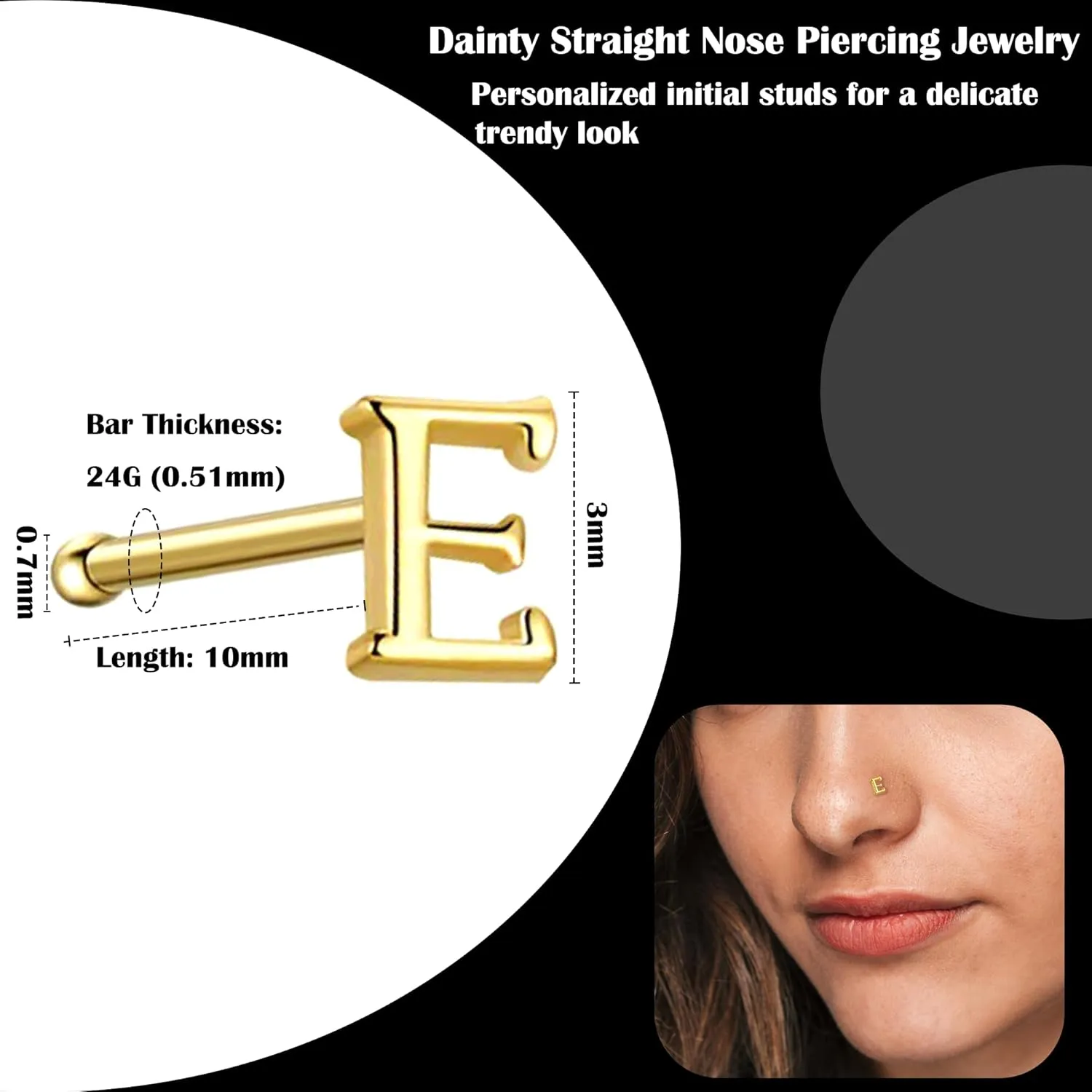 4 Pcs Initial Letter Nose Rings Studs for Women 18K Gold Plated 925 Sterling Silver Tiny Nose Bone Stud Hypoallergenic Straight Nose Piercings Jewelry Gift Cartilage Earrings