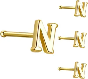 4 Pcs Initial Letter Nose Rings Studs for Women 18K Gold Plated 925 Sterling Silver Tiny Nose Bone Stud Hypoallergenic Straight Nose Piercings Jewelry Gift Cartilage Earrings
