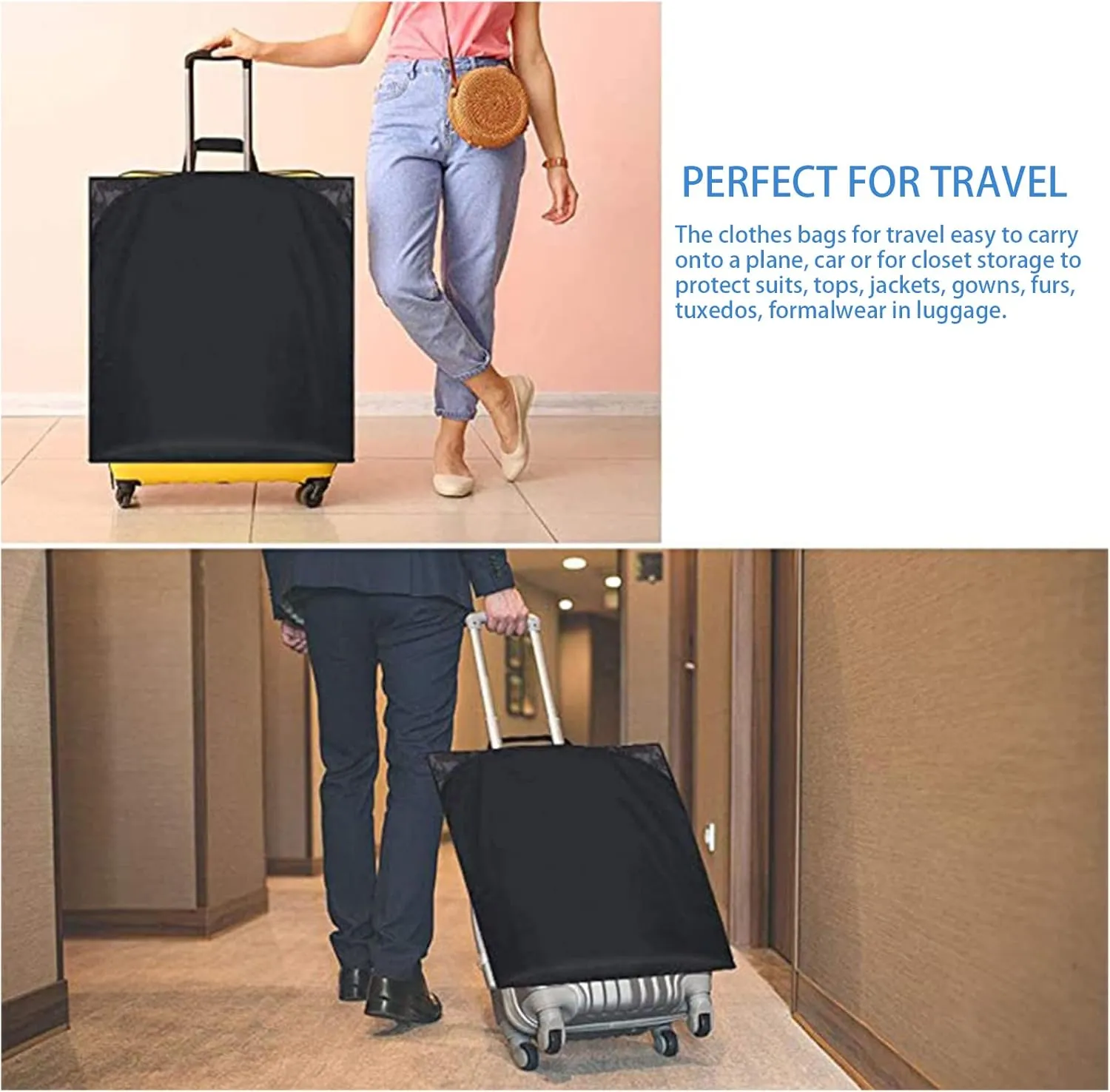 43" Garment Bags for Travel and Storage, Travel Suit Bags for Men Women with 2 Clear Pockets, Storage bags for Clothes, Suits, Shirts, Coats (43inch, 2pcs black)