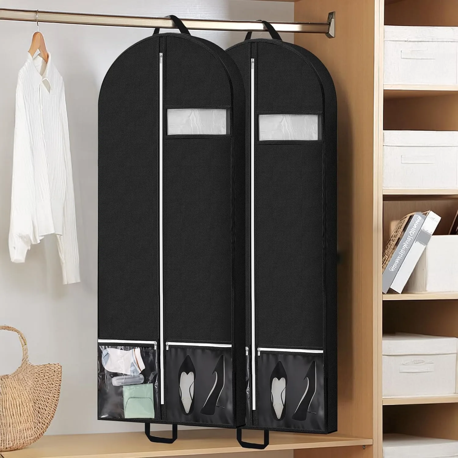54" Garment Bags for Travel and Storage, Travel Suit Bags for Men Women with 2 Clear Pockets, Storage bags for Clothes, Suits, Dress, Shirts, Coats (Black)