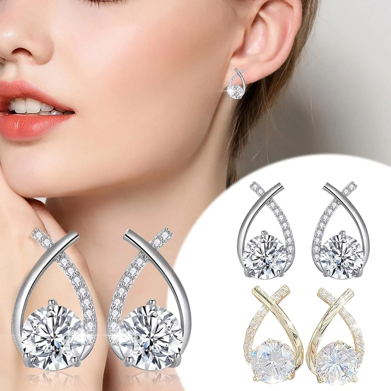 925 Sterling Silver Earrings for Women,Gold Plated CZ Stud Earrings Valentine's Day Mother's Day jewelry Gifts for Mom Wife