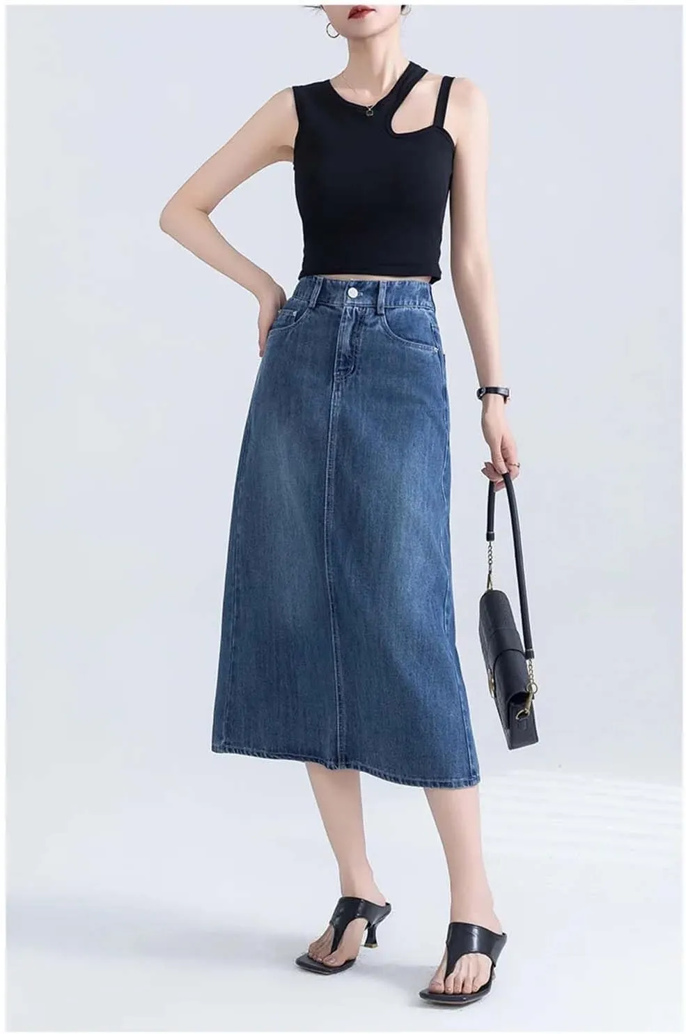 Adhdyuud Women Casual Denim Skirt Summer High-Waisted Mid-Length A-Line Half Long Jean Skirts
