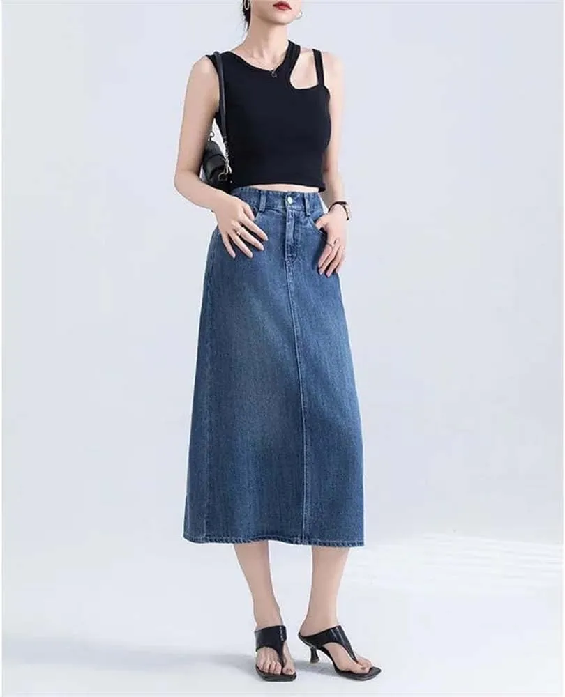 Adhdyuud Women Casual Denim Skirt Summer High-Waisted Mid-Length A-Line Half Long Jean Skirts