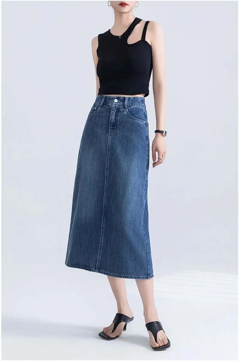 Adhdyuud Women Casual Denim Skirt Summer High-Waisted Mid-Length A-Line Half Long Jean Skirts