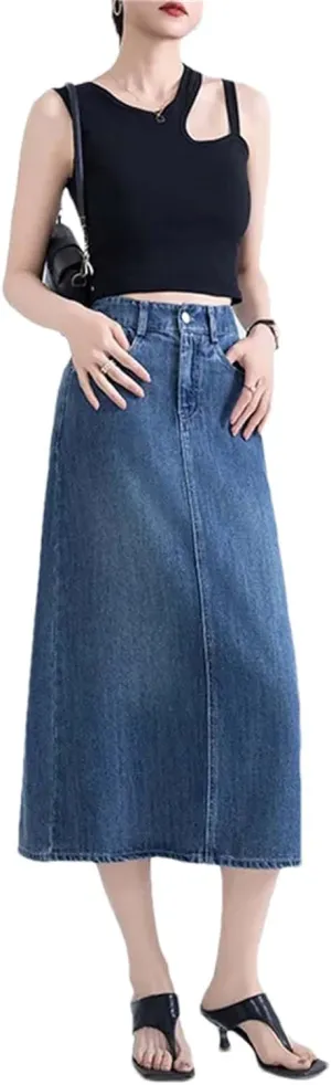 Adhdyuud Women Casual Denim Skirt Summer High-Waisted Mid-Length A-Line Half Long Jean Skirts