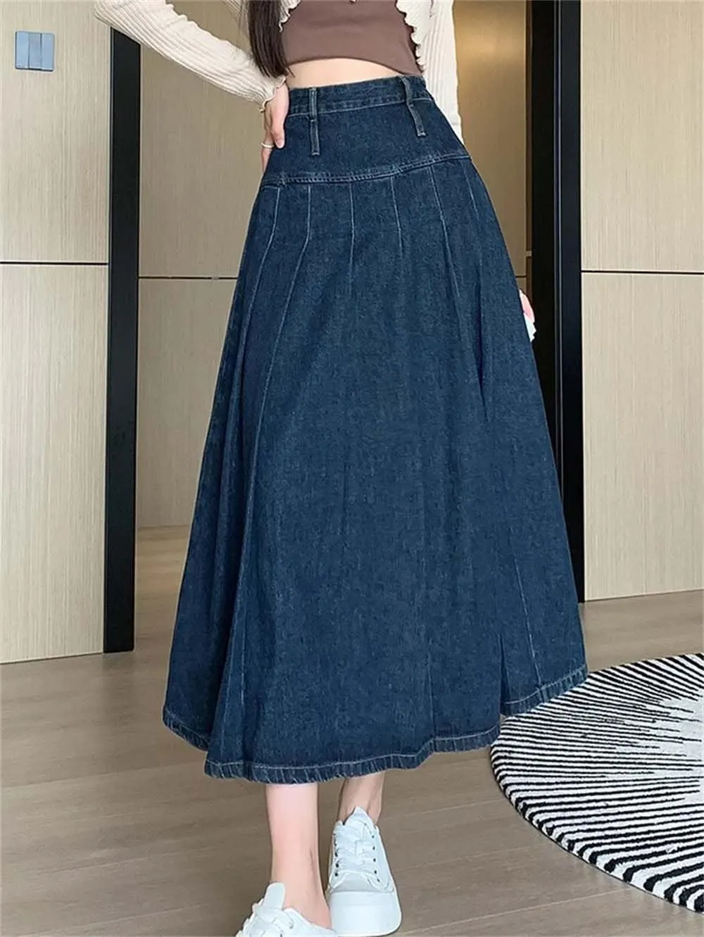 Adhdyuud Women Pleated Jeans Skirts Loose High Waist Long Washing Straight Denim Midi Skirts