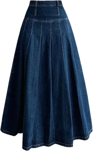 Adhdyuud Women Pleated Jeans Skirts Loose High Waist Long Washing Straight Denim Midi Skirts