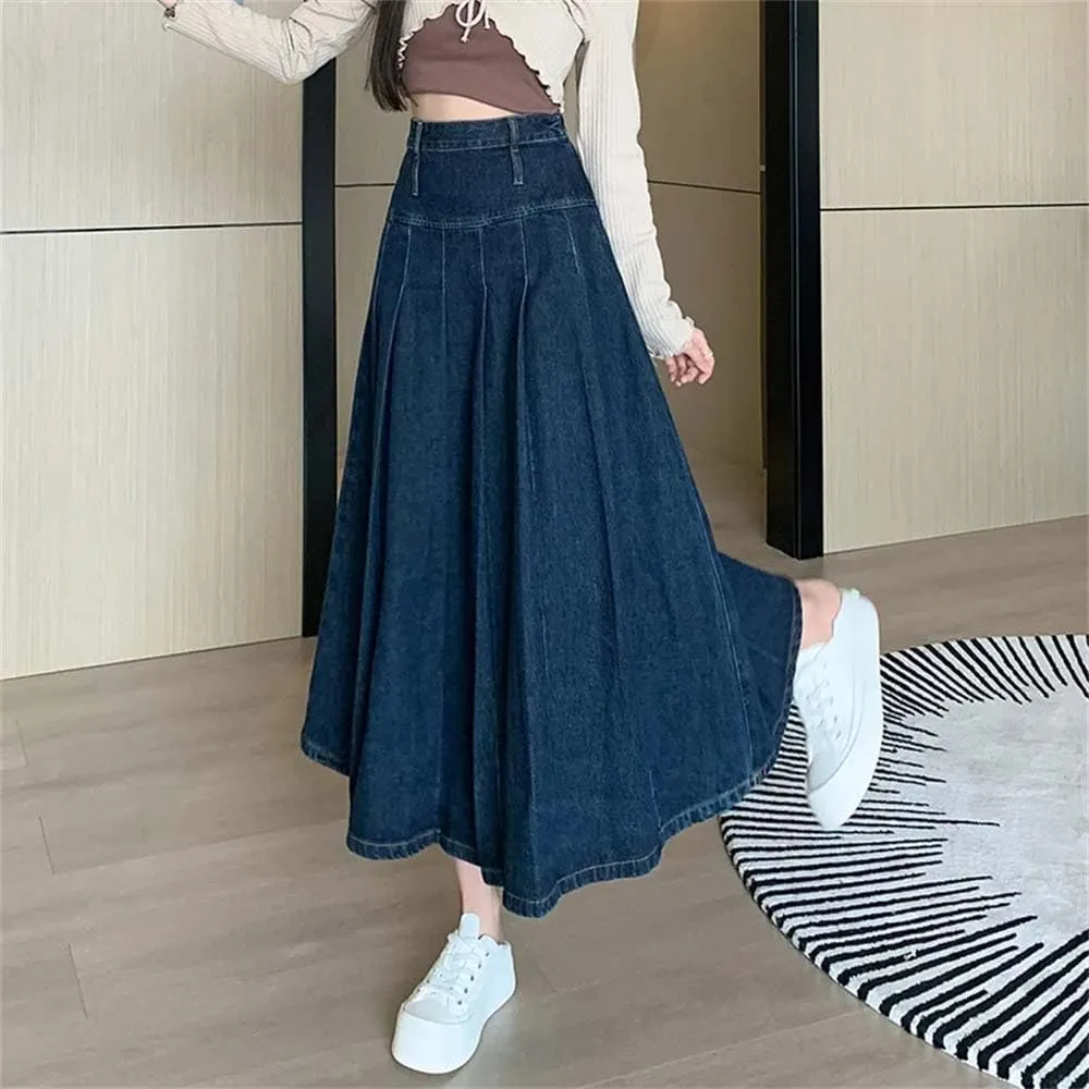 Adhdyuud Women Pleated Jeans Skirts Loose High Waist Long Washing Straight Denim Midi Skirts