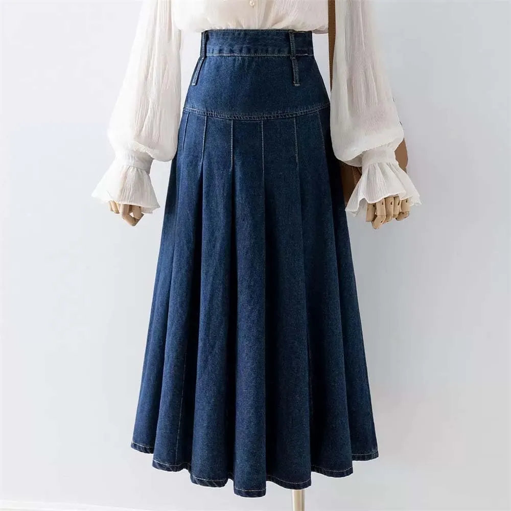 Adhdyuud Women Pleated Jeans Skirts Loose High Waist Long Washing Straight Denim Midi Skirts