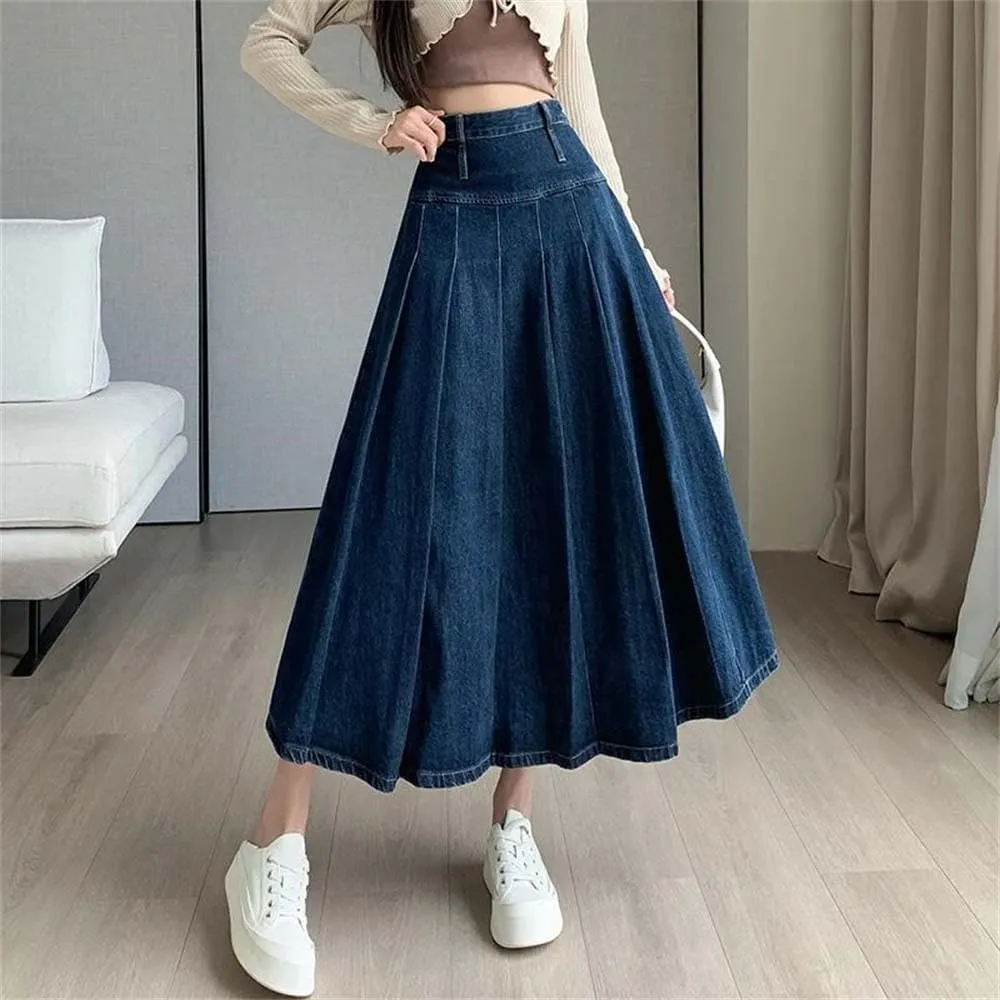Adhdyuud Women Pleated Jeans Skirts Loose High Waist Long Washing Straight Denim Midi Skirts